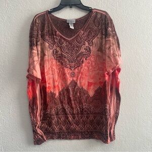 Catherines 3X tunic multi-color paisley print, a v-neckline short sleeves